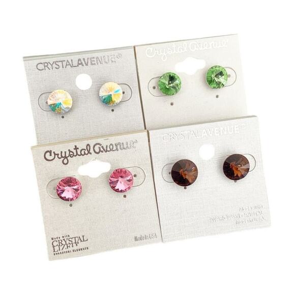 NWT 4 x 12mm Swarovski Crystal Silver Plated Earrings - AB, Green, Brown, Pink - Picture 1 of 2